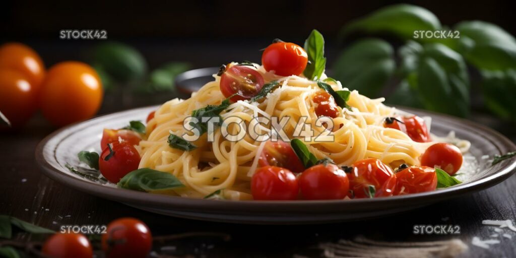 Ein Teller mit leckerer Pasta mit frischen Kräutern und Kirschen zu dritt