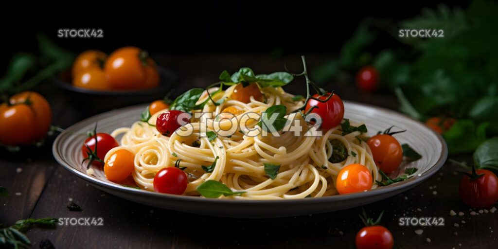 Ein Teller leckerer Pasta mit frischen Kräutern und Kirschen zu zweit