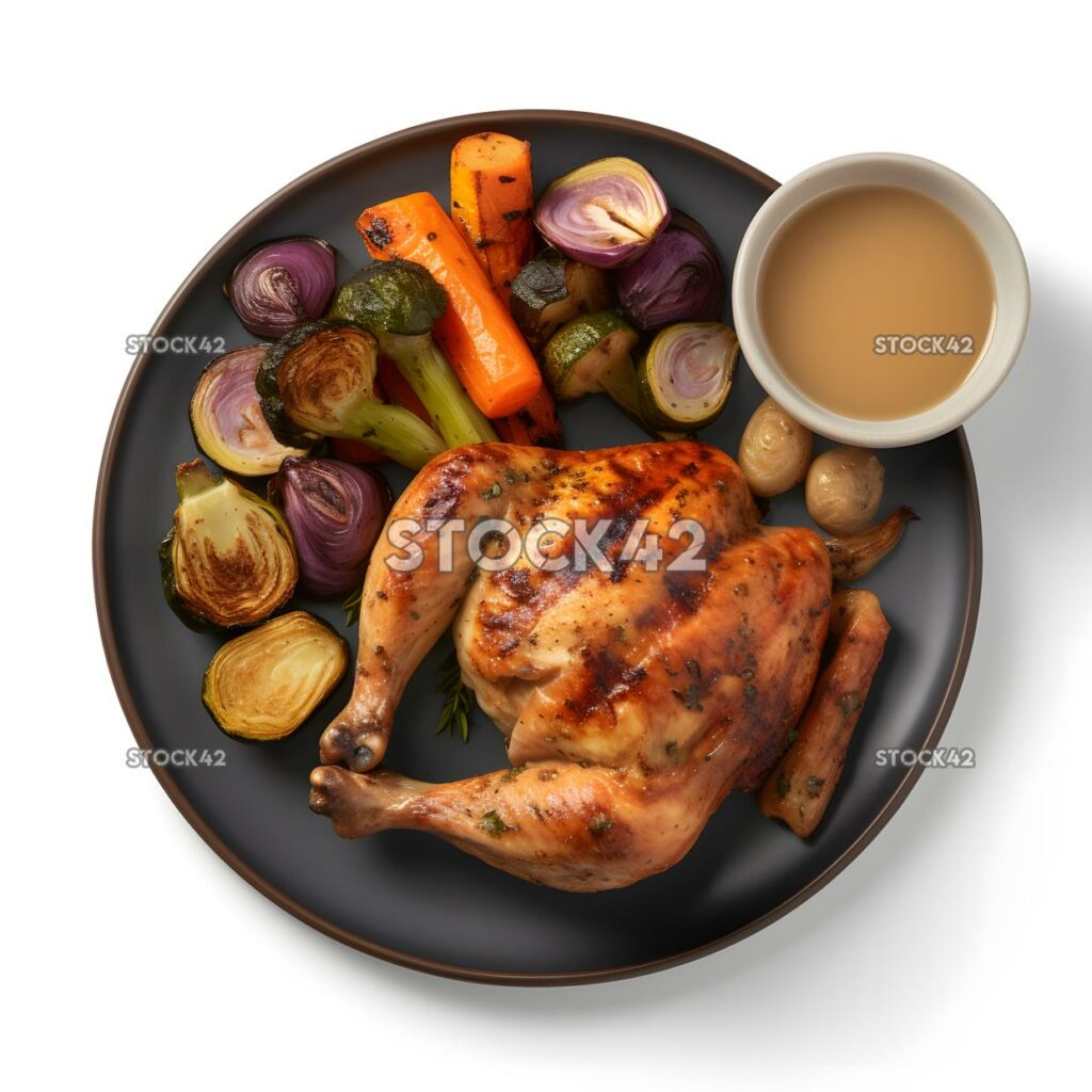 A plate of freshly grilled chicken with a side of roasted