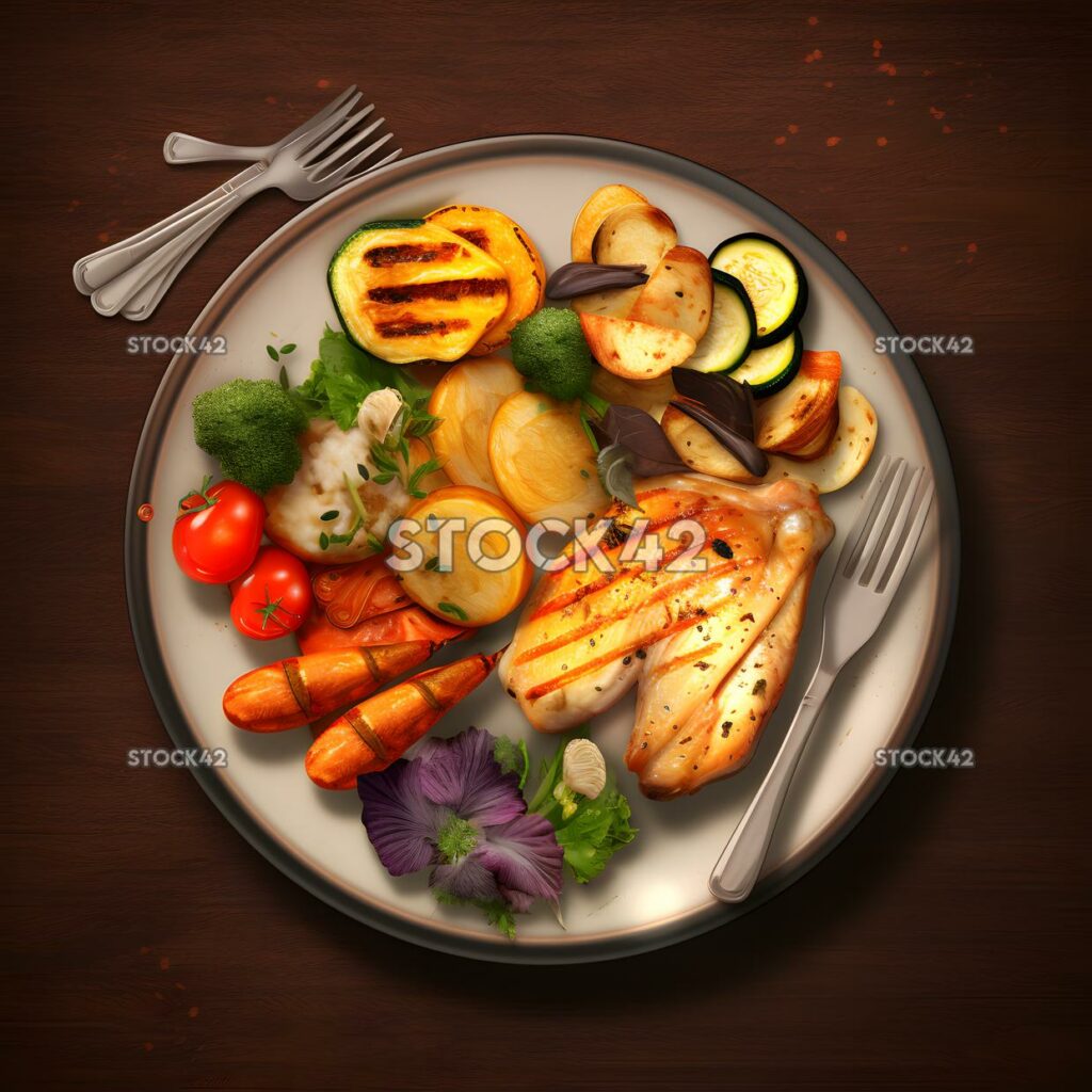 A plate of freshly grilled chicken with a side of roasted three