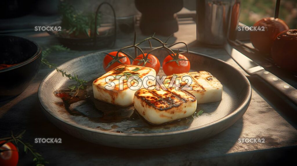 Ein Teller mit gegrilltem Halloumi-Käse mit einer Beilage aus geröstetem