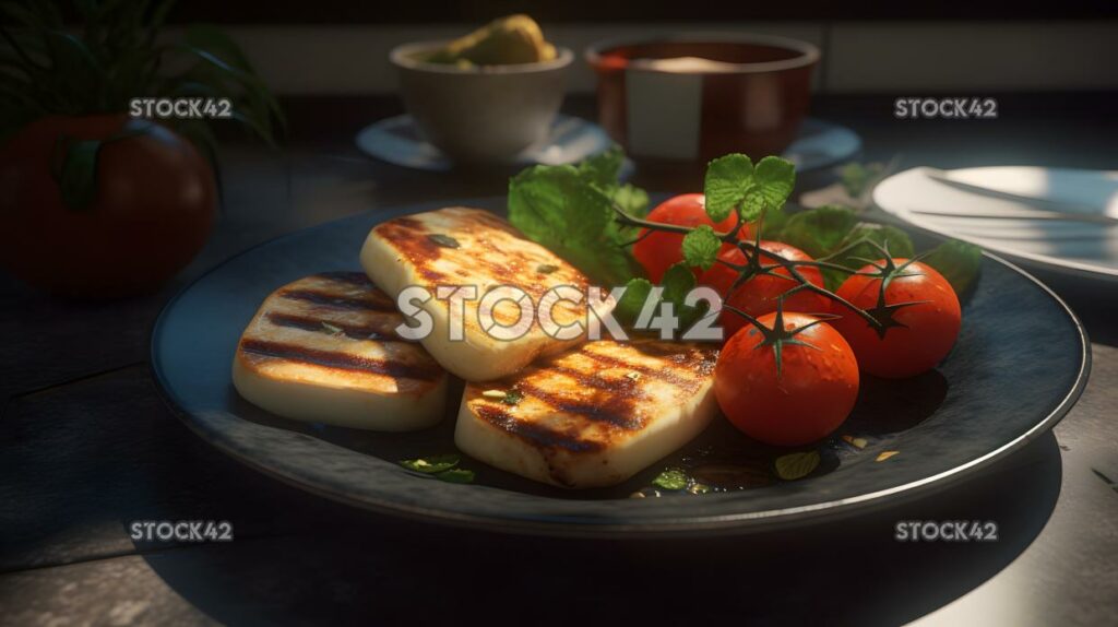 A plate of grilled halloumi cheese with a side of roasted one