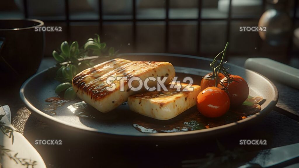 Ein Teller mit gegrilltem Halloumi-Käse mit einer Beilage aus gerösteten drei