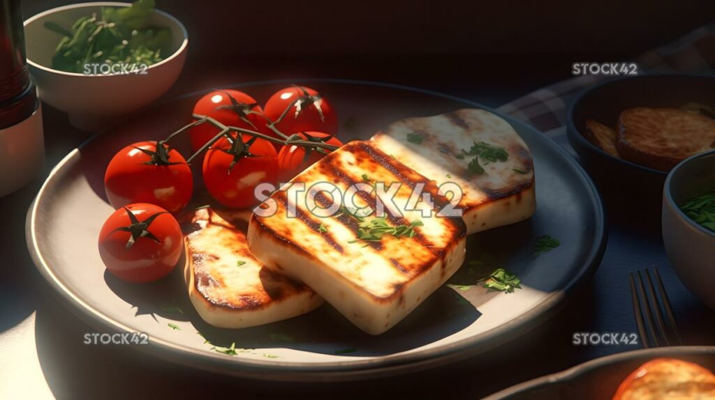 A plate of grilled halloumi cheese with a side of roasted two