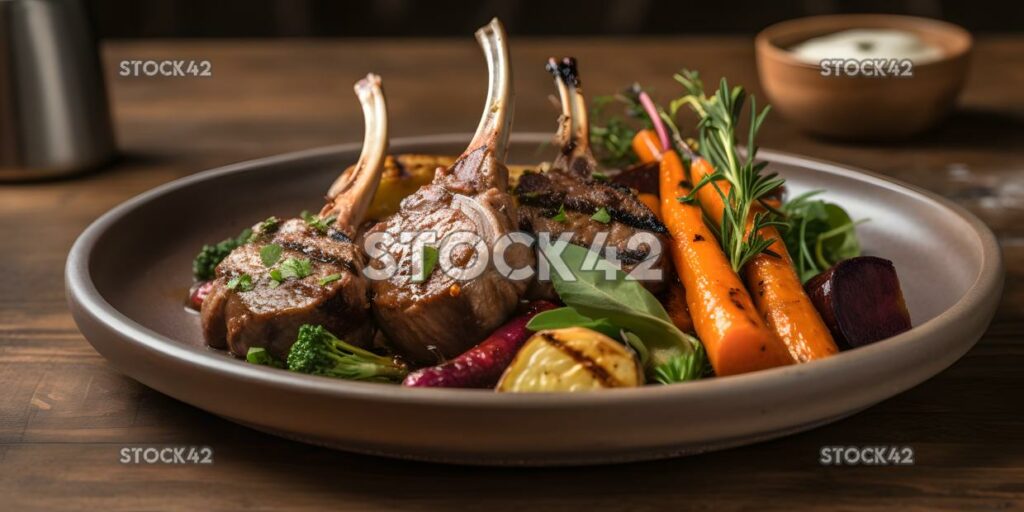 Un plato de chuletas de cordero a la parrilla con un lado de raíz asada