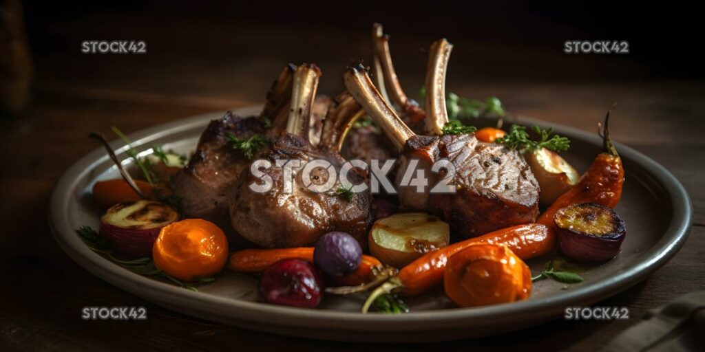 A plate of grilled lamb chops with a side of roasted root one