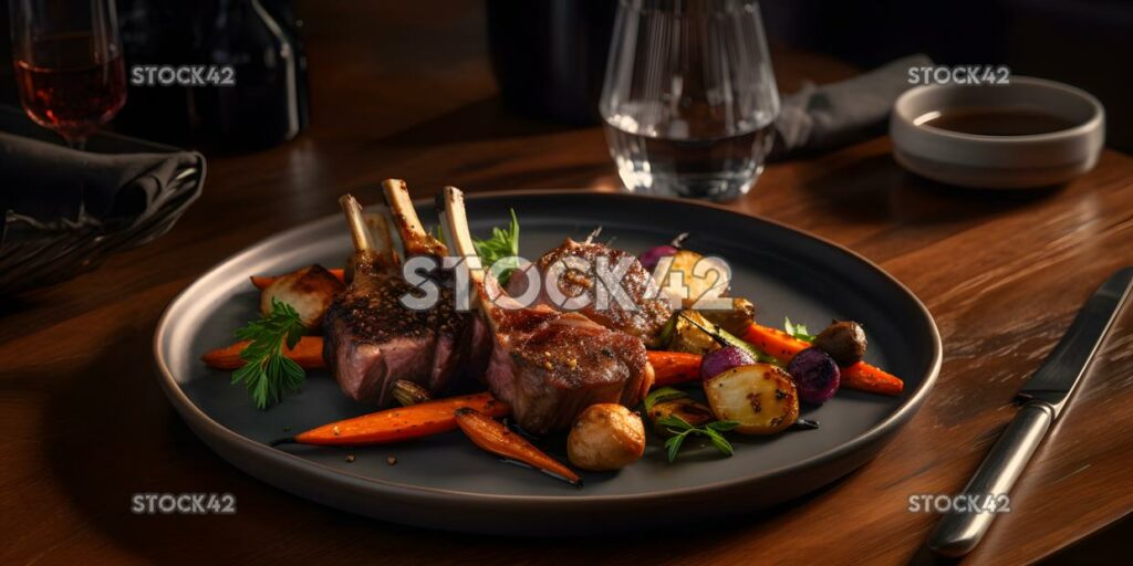 A plate of grilled lamb chops with a side of roasted root three