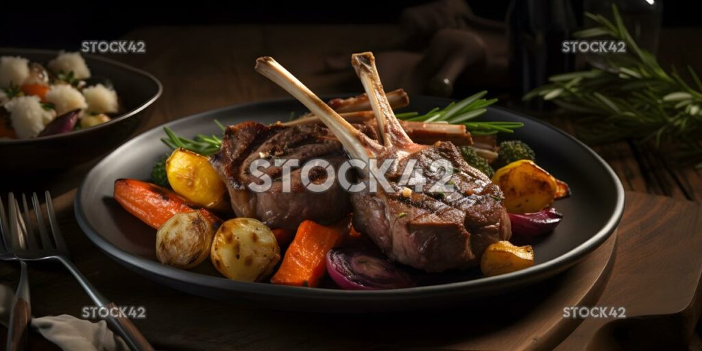 A plate of grilled lamb chops with a side of roasted root two