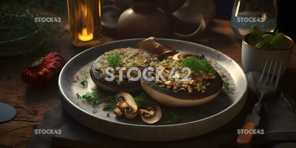 A plate of grilled portobello mushrooms with a side of qu