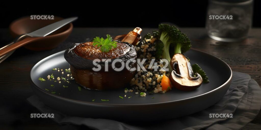 Un plato de champiñones portobello a la parrilla con un lado de qu one