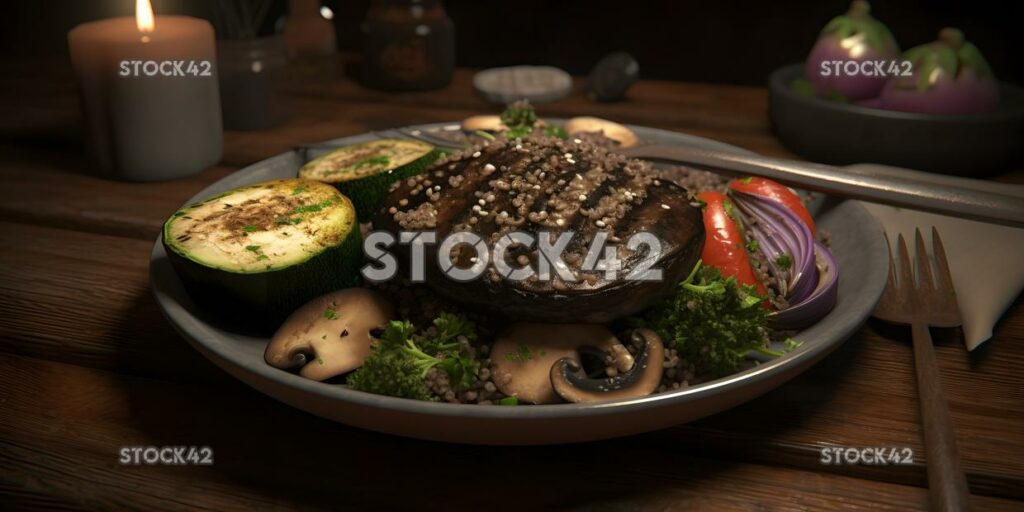 Un plato de champiñones portobello a la parrilla con un lado de qu tres