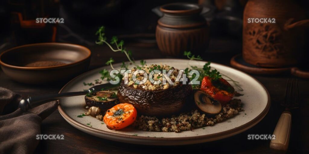 Un plato de champiñones portobello a la parrilla con un lado de qu dos