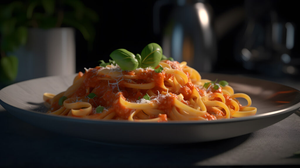 A plate of homemade pasta with a rich tomato sauce and fr