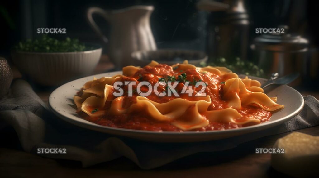 Ein Teller hausgemachter Pasta mit einer reichhaltigen Tomatensauce und einer