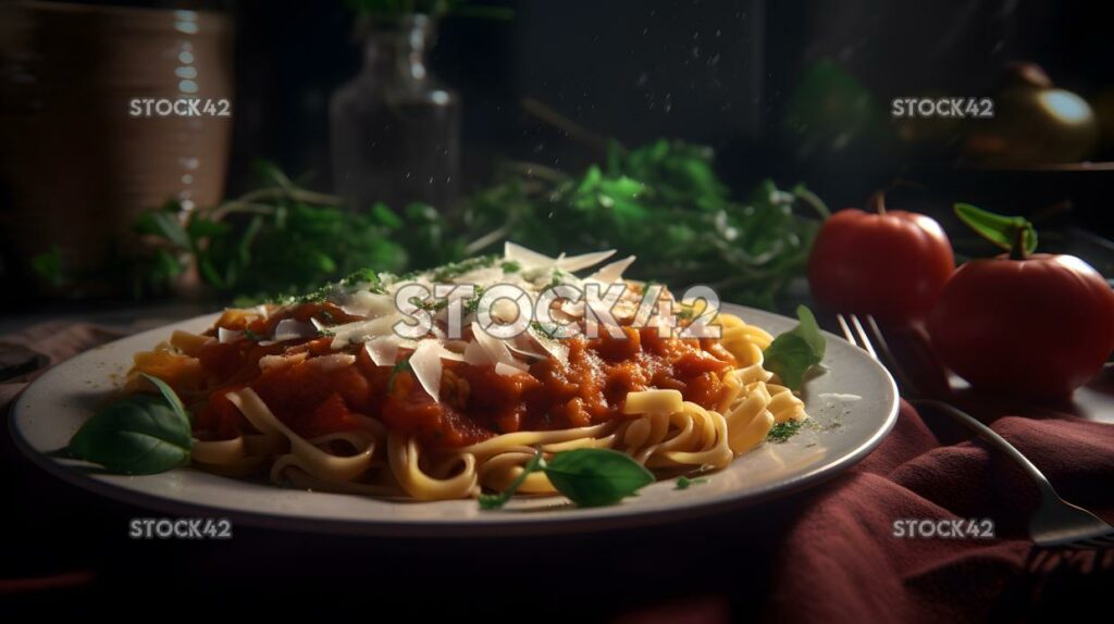 Ein Teller hausgemachte Pasta mit einer reichhaltigen Tomatensauce und zwei