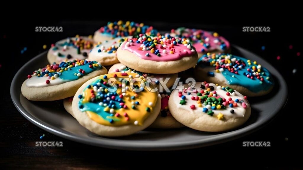 Ein Teller mit hausgemachten Zuckerplätzchen, dekoriert mit Zuckerguss und