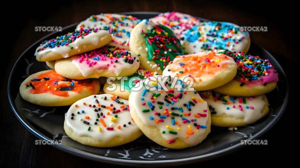 A plate of homemade sugar cookies decorated with icing an one