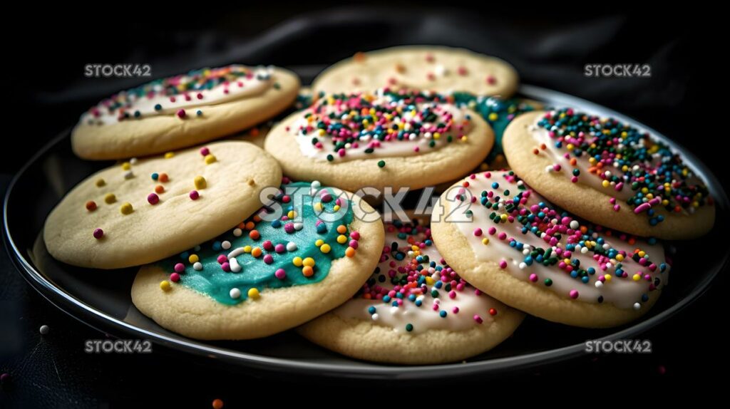 Un plato de galletas de azúcar caseras decoradas con glaseado y tres