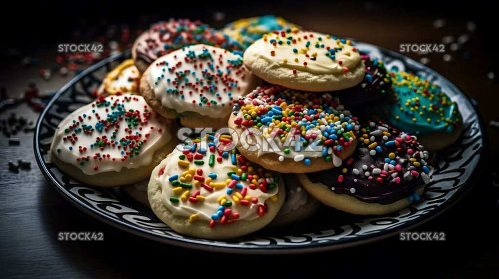 Ein Teller mit hausgemachten Zuckerplätzchen, dekoriert mit Zuckerguss und zwei