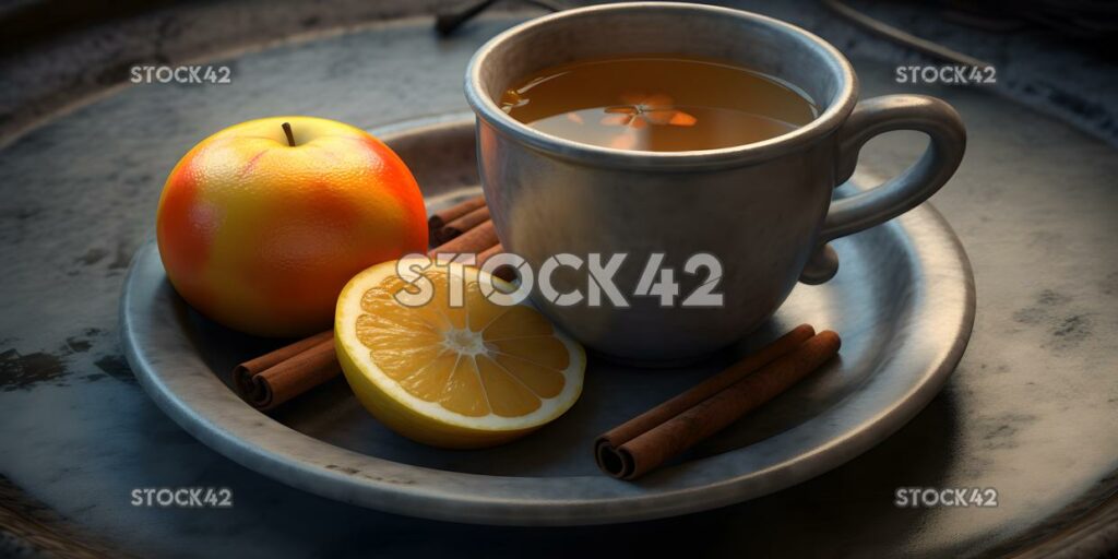 A plate of hot apple cider with cinnamon sticks and orang