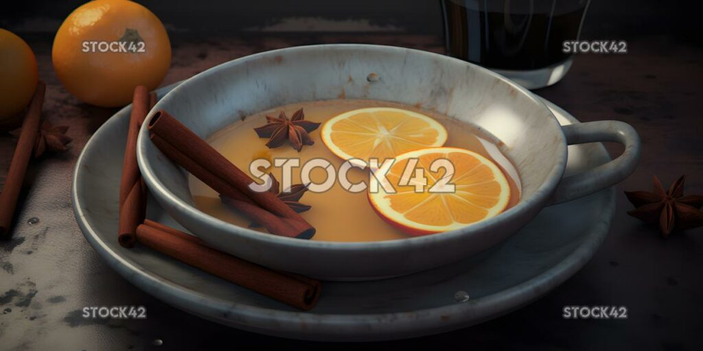 A plate of hot apple cider with cinnamon sticks and orang three