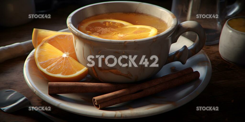 A plate of hot apple cider with cinnamon sticks and orang two