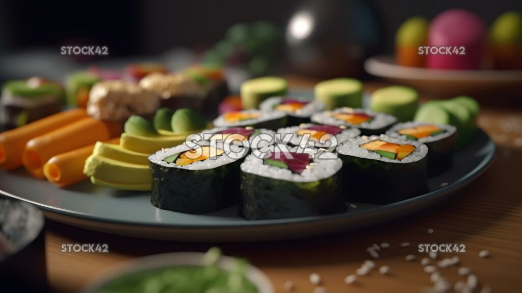 Ein Teller mit veganen Sushi-Rollen mit einer Vielzahl von bunten