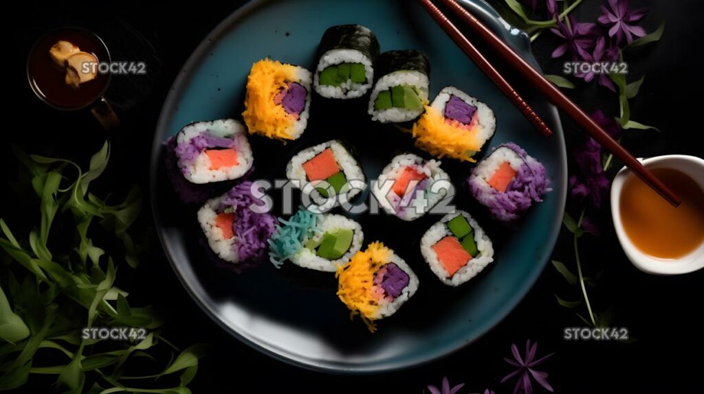 Ein Teller mit veganen Sushi-Rollen mit einer Vielzahl von bunten V One