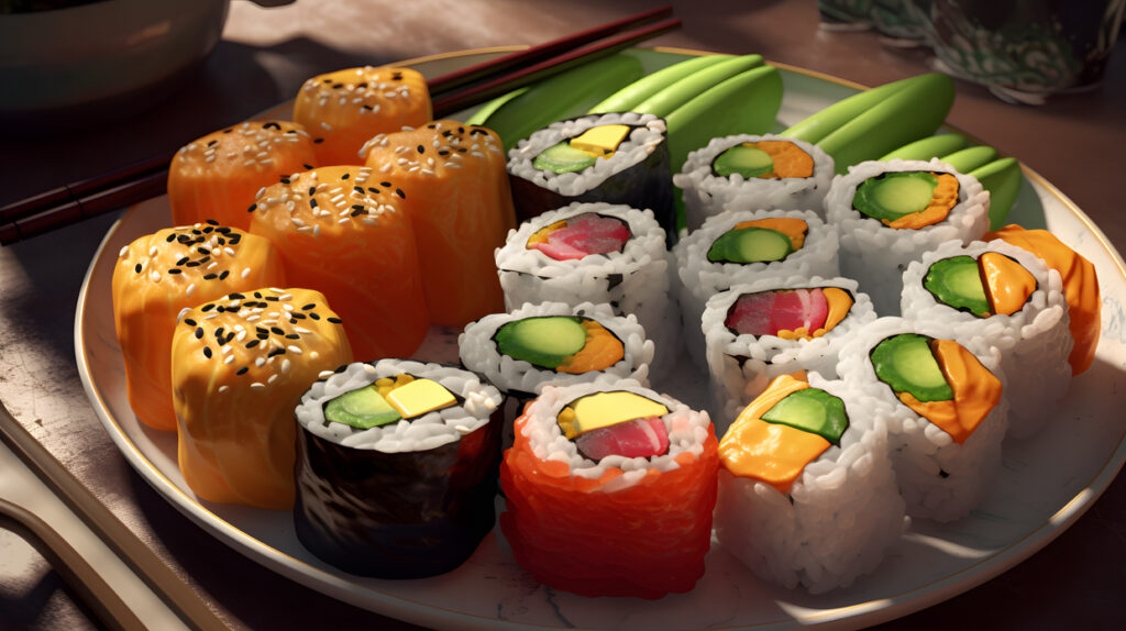 Ein Teller mit veganen Sushi-Rollen mit einer Vielzahl von bunten v drei