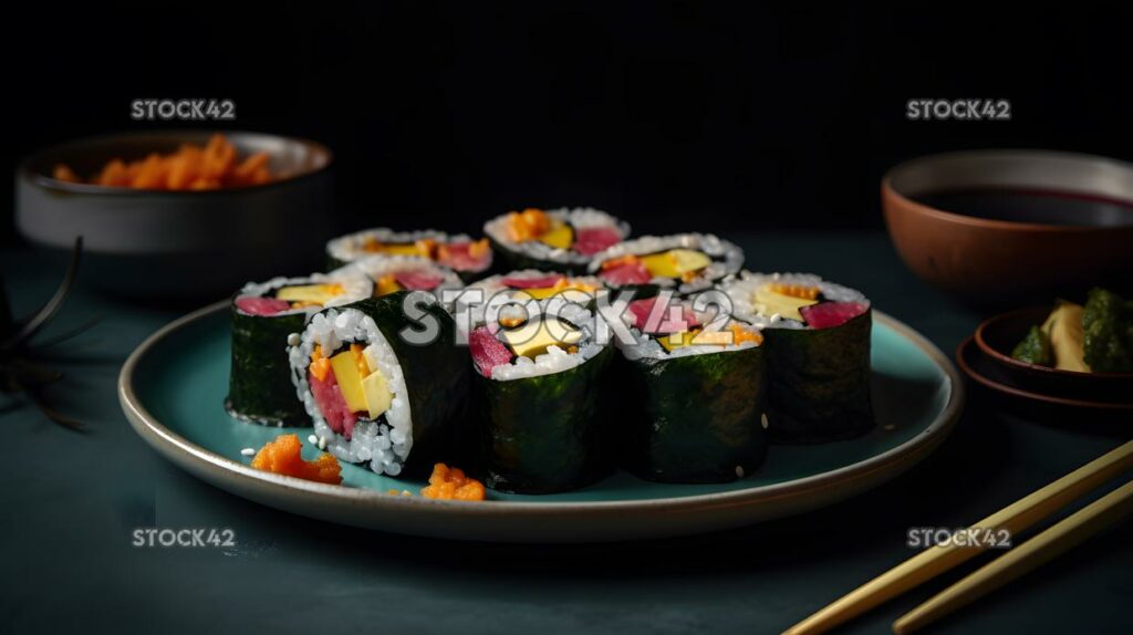 A plate of vegan sushi rolls with a variety of colorful v two