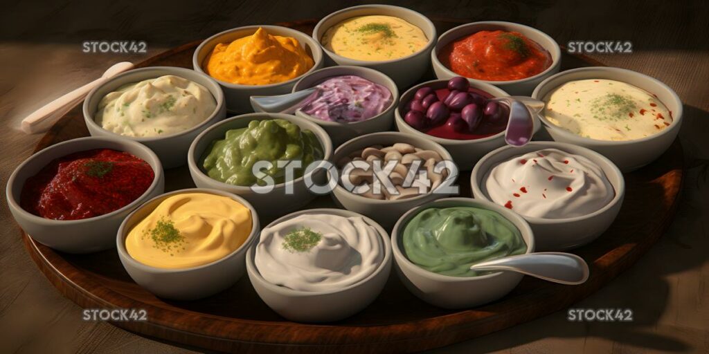 A platter of fresh crudits with a variety of dips and spr