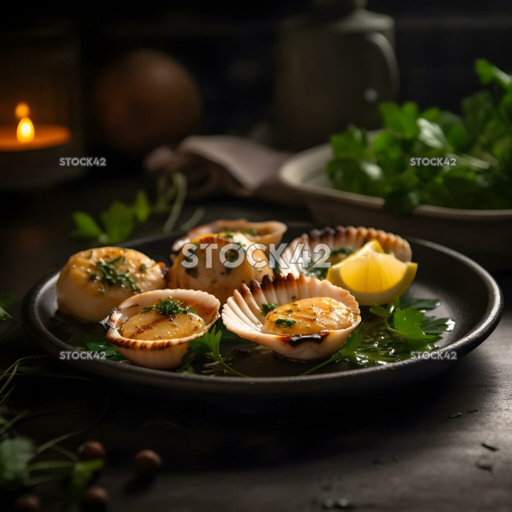 A platter of grilled scallops with lemon wedges and herbs