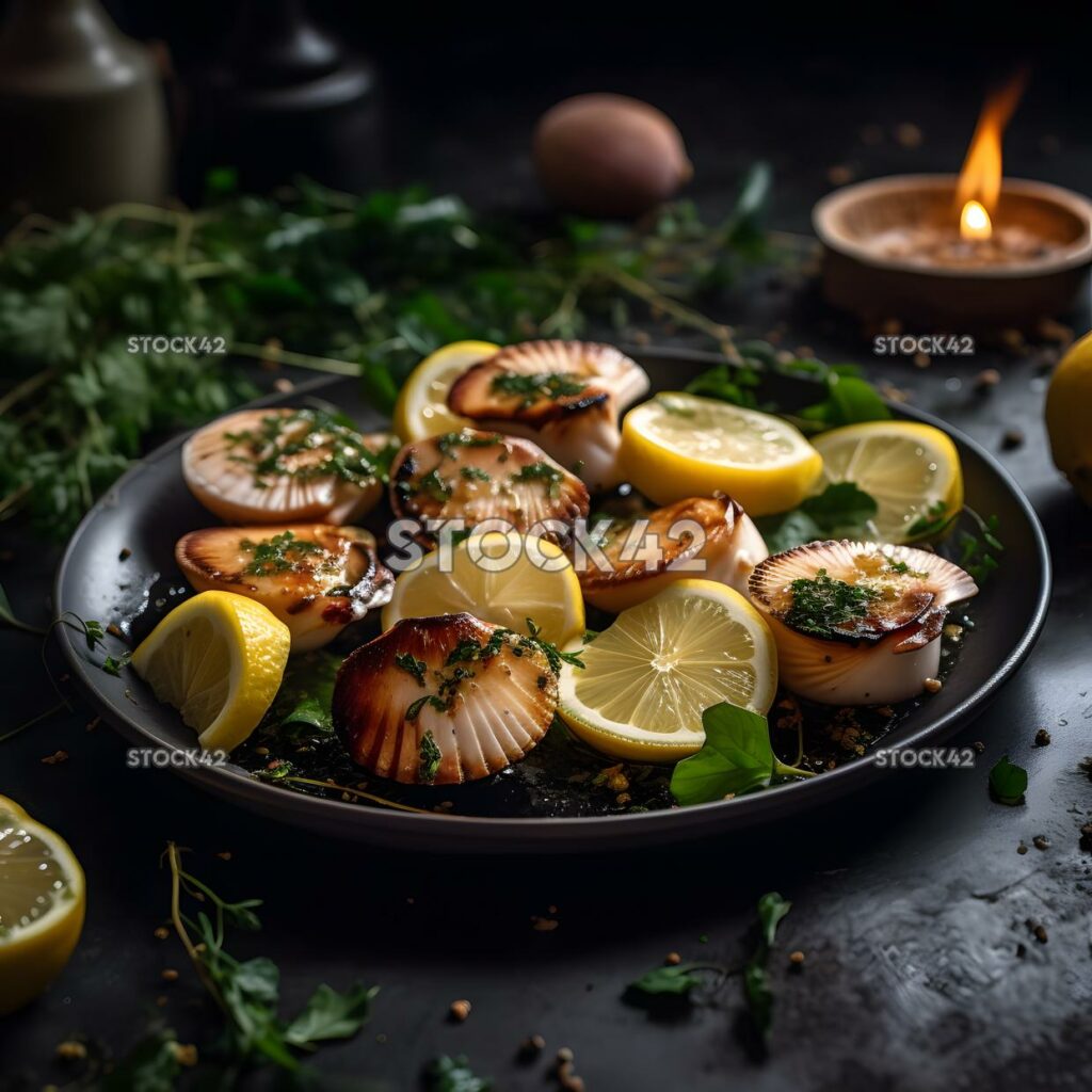 Un plato de vieiras a la parrilla con rodajas de limón y hierbas una