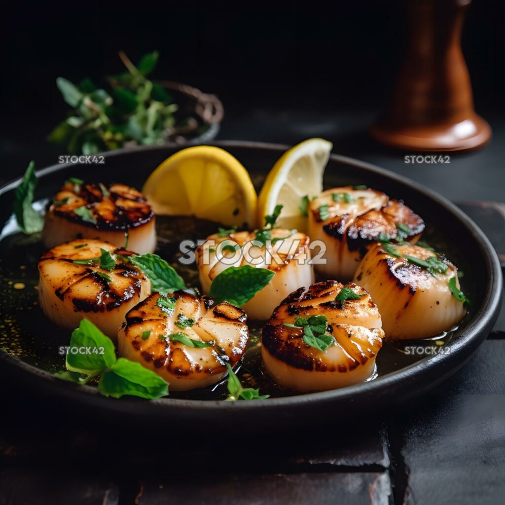 Eine Platte mit gegrillten Jakobsmuscheln mit Zitronenspalten und Kräutern drei