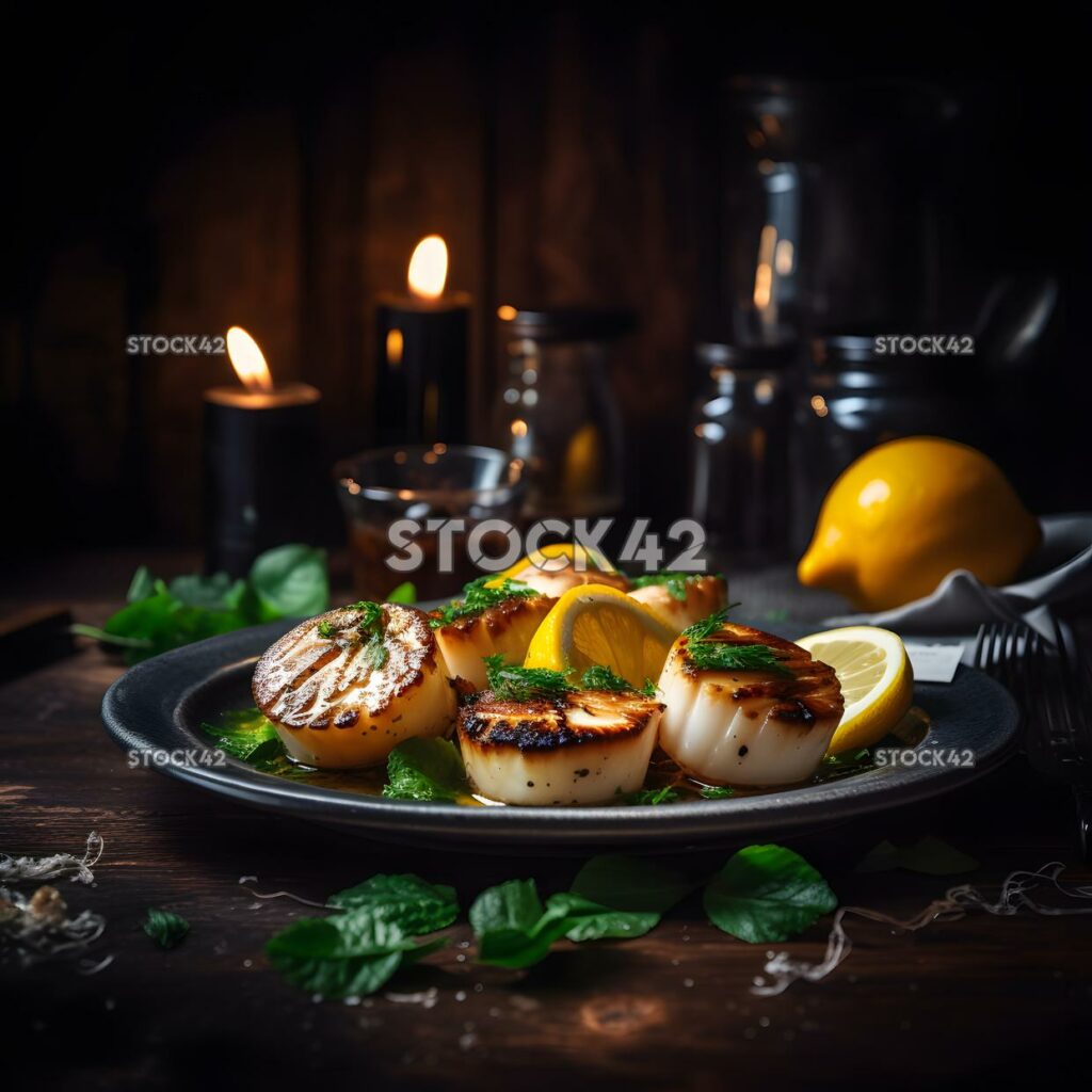 Un plato de vieiras a la plancha con rodajas de limón y dos hierbas