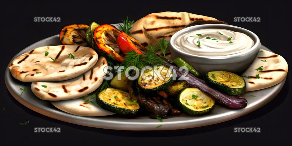 A platter of grilled vegetables with hummus and pita brea