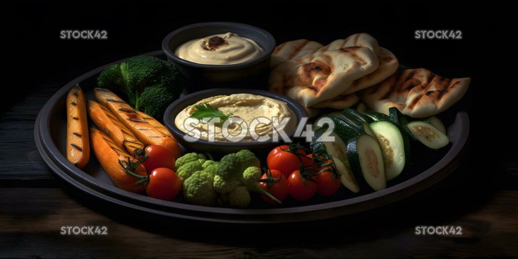 Un plato de verduras a la parrilla con hummus y pita brea