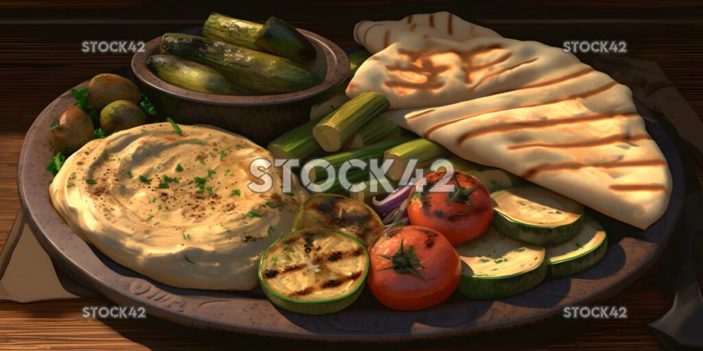 A platter of grilled vegetables with hummus and pita brea three