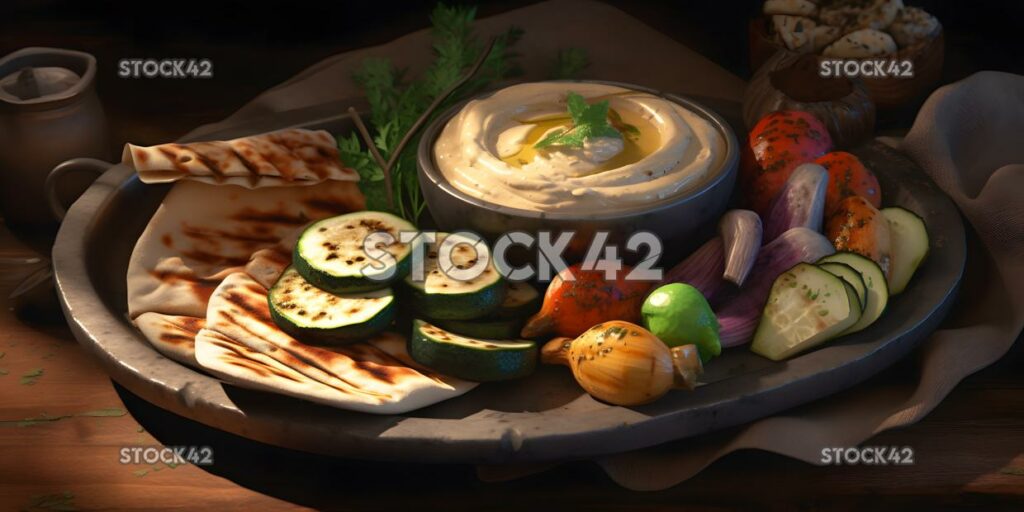 A platter of grilled vegetables with hummus and pita brea two