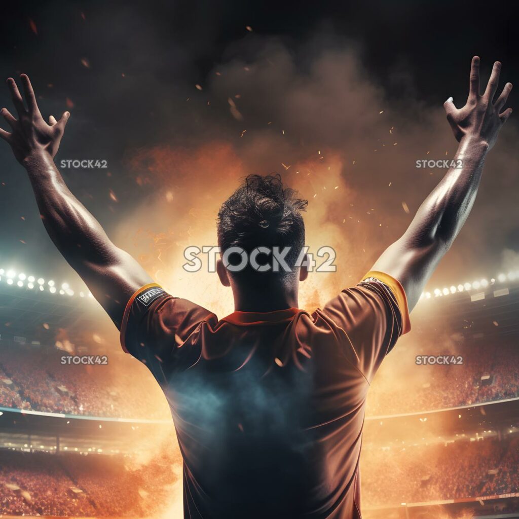 A player celebrating a goal with their arms raised in the