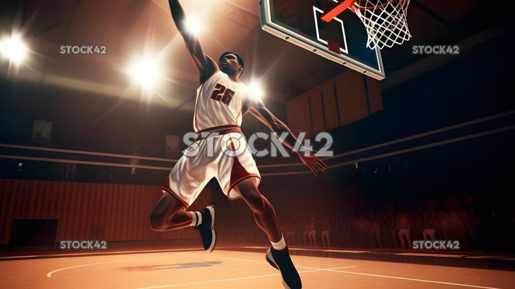 A player jumping high in the air to block a shot from the