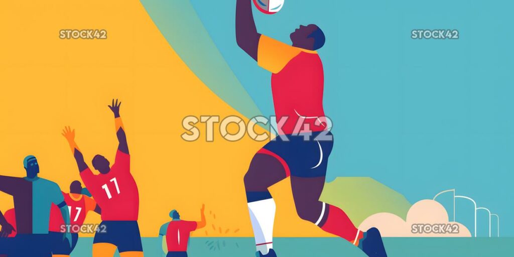 A player jumping to catch a ball in a lineout colors