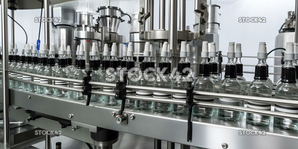 A production line of machines filling and capping bottles