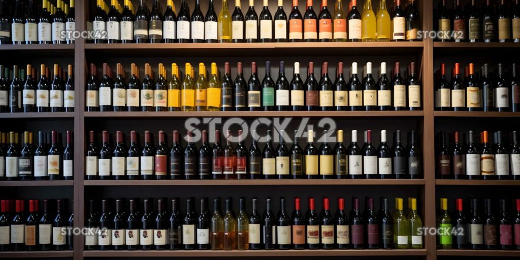 Un estante de varios tipos de botellas de vino en una tienda