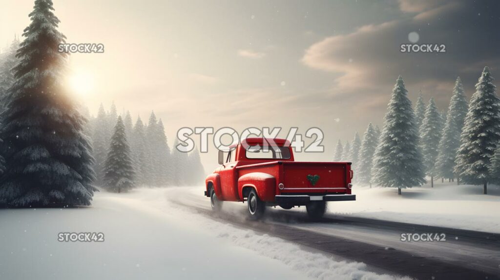 A red truck with a Christmas tree in the back driving dow