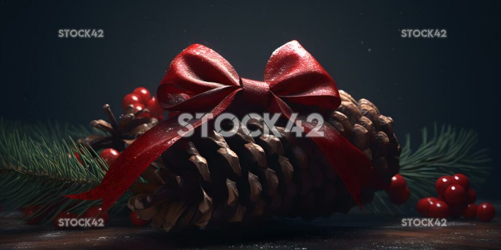 A red velvet bow wrapped around a pinecone dynamic lightn