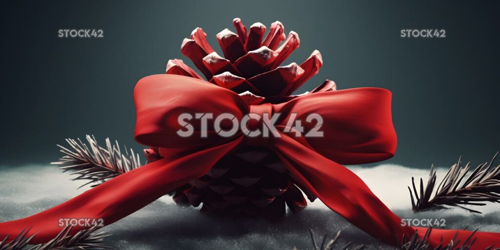 A red velvet bow wrapped around a pinecone dynamic lightn one