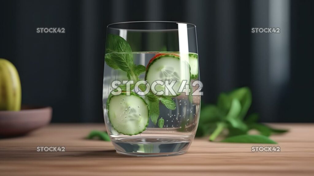 A refreshing glass of fruit-infused water with sliced cuc one