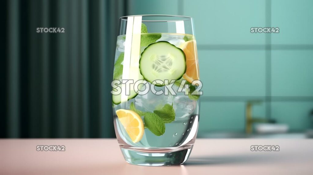 A refreshing glass of fruit-infused water with sliced cuc two