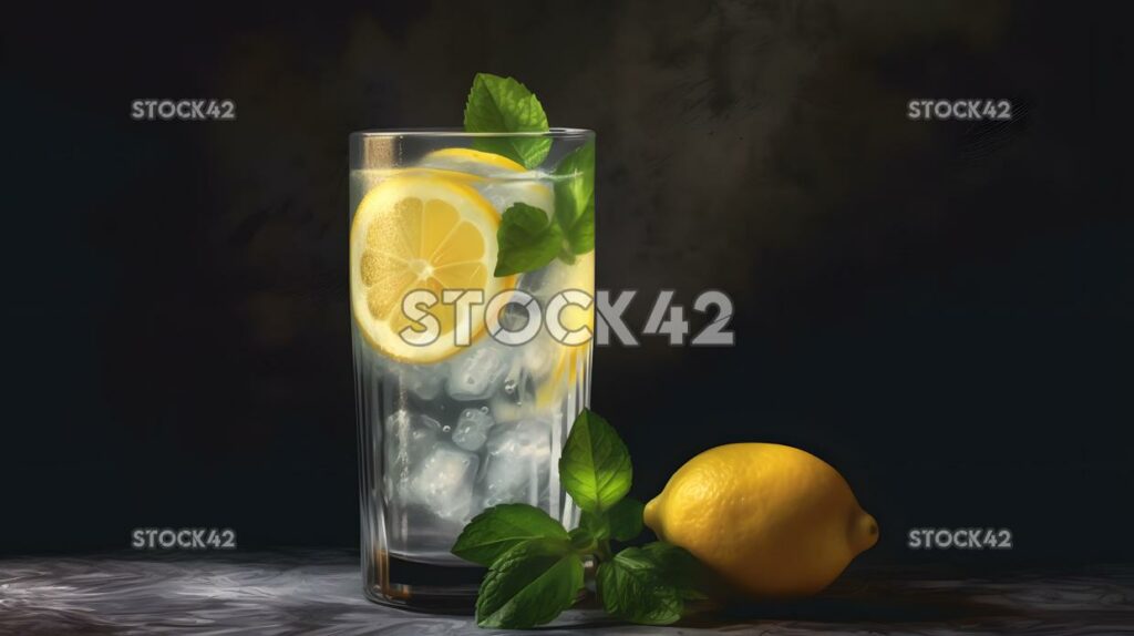 A refreshing glass of lemonade with sliced lemons and min